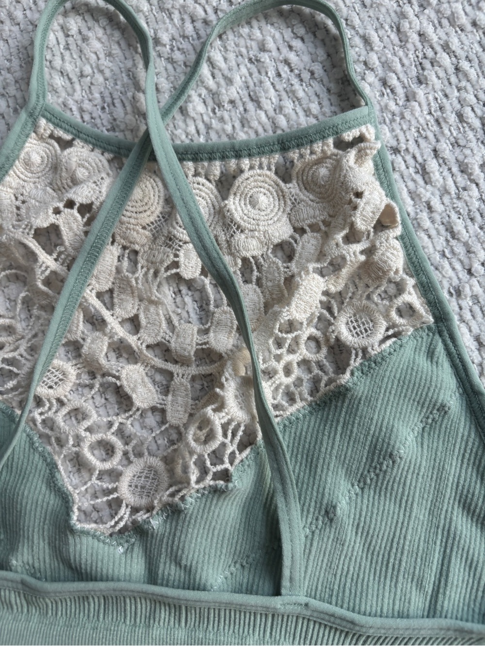 Three Bird Nest Sage Green Ribbed Halter Bralette with Cream Crochet - Picture 6 of 6